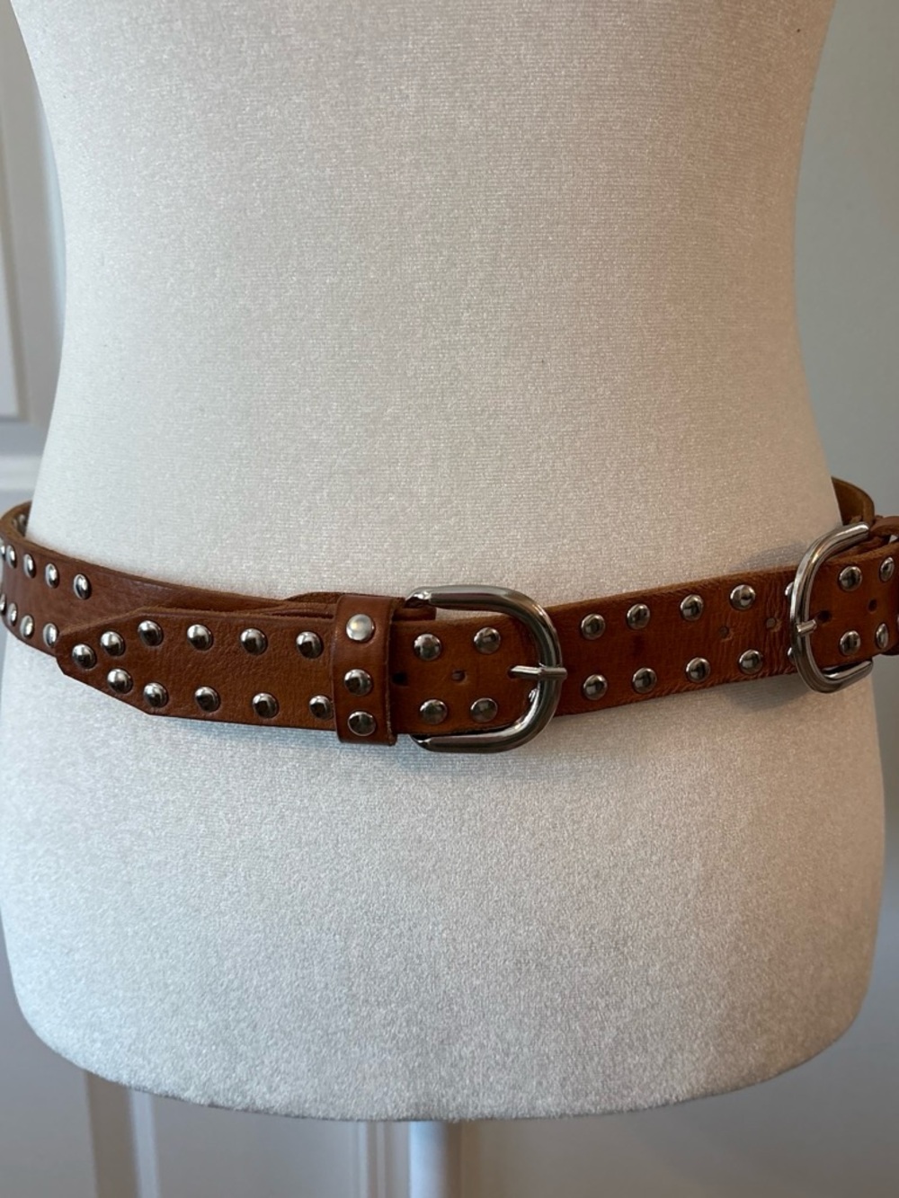 Brown Studded Faux Leather Belt with Silver Double Buckle